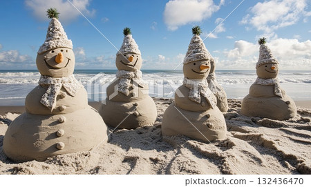 Christmas-themed sand sculptures on beach, sand snowmen, ocean breeze . 132436470