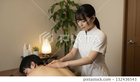 Therapist performing a treatment at a relaxation salon 132436543