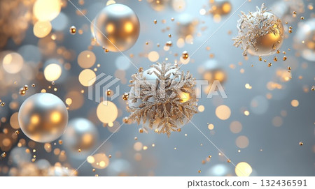 glittering golden snowflakes and festive golden balls on a misty gray backdrop . glittering golden snowflakes and festive golden balls on a misty gray backdrop . 132436591