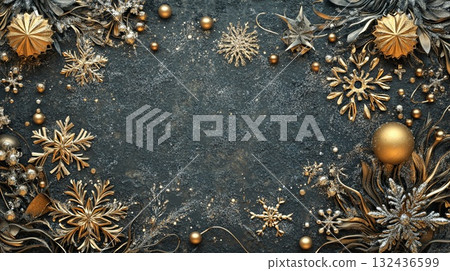 golden snowflakes and baubles on a textured dark gray background, with a luxurious touch . golden snowflakes and baubles on a textured dark gray background, with a luxurious touch . 132436599