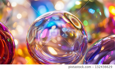 intricate glass ornaments reflecting colorful lights, close-up . 132436629