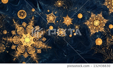intricate golden snowflakes and golden baubles on a midnight blue background, softly glowing . intricate golden snowflakes and golden baubles on a midnight blue background, softly glowing . 132436630