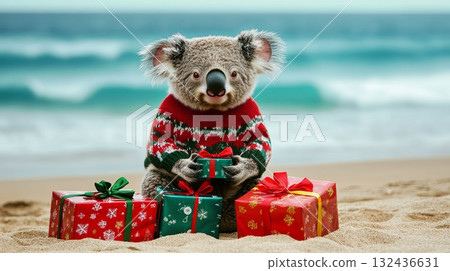 Koala in Christmas sweater on beach, wrapped gifts, ocean waves . 132436631