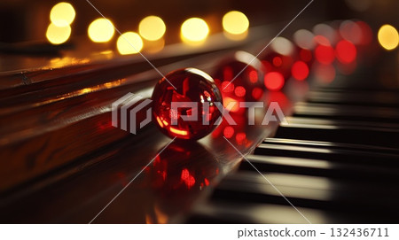 Shiny red baubles reflecting fairy lights on a wooden piano top. . 132436711