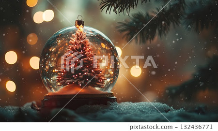 Twinkling Christmas tree in a glass snow globe, frosty winter scene, gentle snowfall, magical atmosphere . 132436771