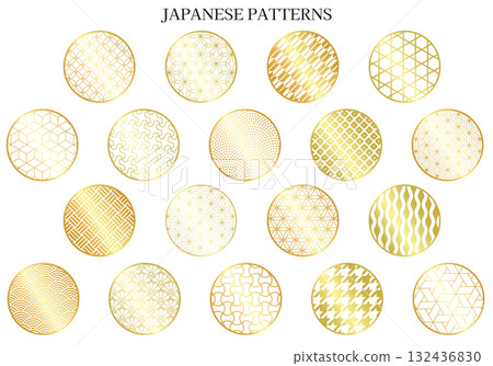 Set of various Japanese patterns on round and circular edges_Gold 132436830