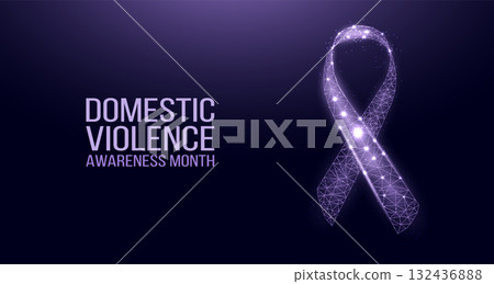 Domestic Violence Awareness Month concept. Banner template with glowing low poly purple ribbon. Futuristic modern abstract background. Vector illustration. Domestic Violence Awareness Month concept. Banner template with glowing low poly purple ribbon. Futuristic modern abstract background. Vector illustration. 132436888