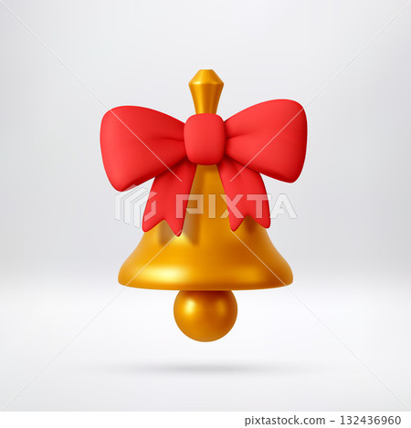 3D Golden christmas bell with red ribbon bow 132436960