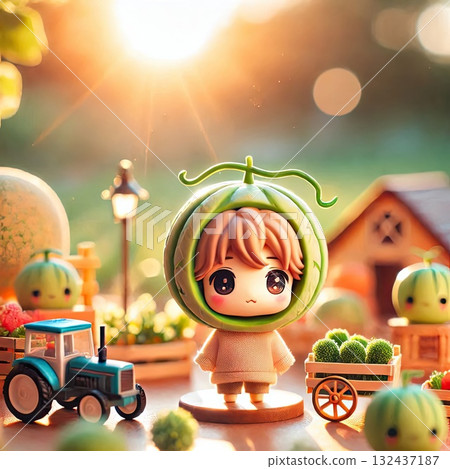 Cute Melon Character in a Sunny Farm Scene with Fresh Produce with Generative AI. Cute Melon Character in a Sunny Farm Scene with Fresh Produce with Generative AI. 132437187