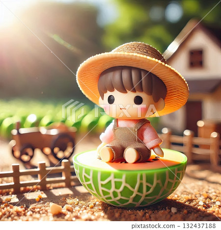 Cute Melon Character in a Sunny Farm Scene with Fresh Produce with Generative AI. Cute Melon Character in a Sunny Farm Scene with Fresh Produce with Generative AI. 132437188