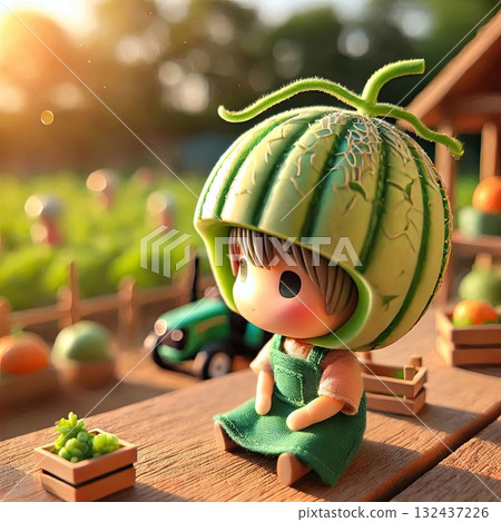 Cute Melon Character in a Sunny Farm Scene with Fresh Produce with Generative AI. Cute Melon Character in a Sunny Farm Scene with Fresh Produce with Generative AI. 132437226