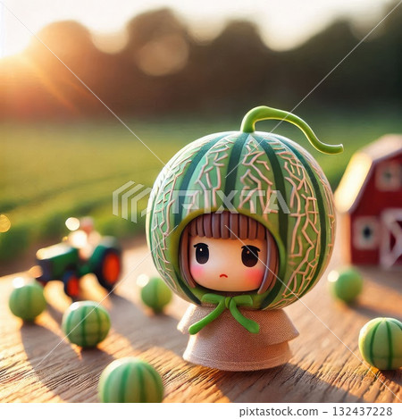 Cute Melon Character in a Sunny Farm Scene with Fresh Produce with Generative AI. Cute Melon Character in a Sunny Farm Scene with Fresh Produce with Generative AI. 132437228