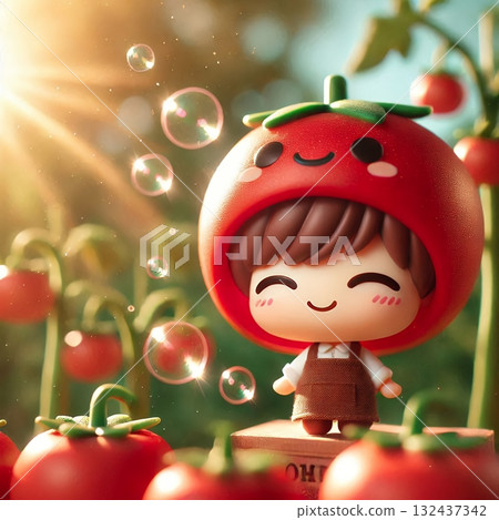Happy Tomato Farmer Figurine in a Vibrant Garden , Cute Toy Character with Tomato Hat and Overalls with Generative AI. 132437342