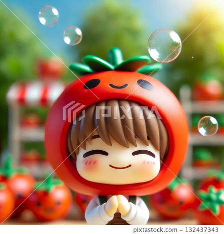 Happy Tomato Farmer Figurine in a Vibrant Garden , Cute Toy Character with Tomato Hat and Overalls with Generative AI. Happy Tomato Farmer Figurine in a Vibrant Garden , Cute Toy Character with Tomato Hat and Overalls with Generative AI. 132437343