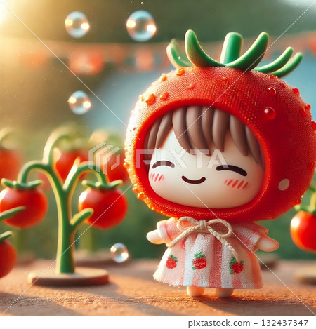 Happy Tomato Farmer Figurine in a Vibrant Garden , Cute Toy Character with Tomato Hat and Overalls with Generative AI. Happy Tomato Farmer Figurine in a Vibrant Garden , Cute Toy Character with Tomato Hat and Overalls with Generative AI. 132437347