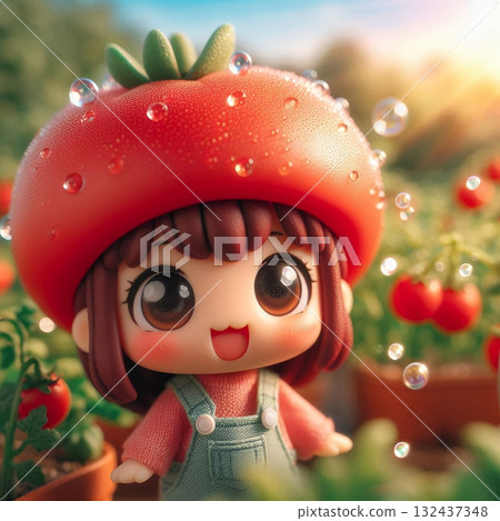 Happy Tomato Farmer Figurine in a Vibrant Garden , Cute Toy Character with Tomato Hat and Overalls with Generative AI. 132437348