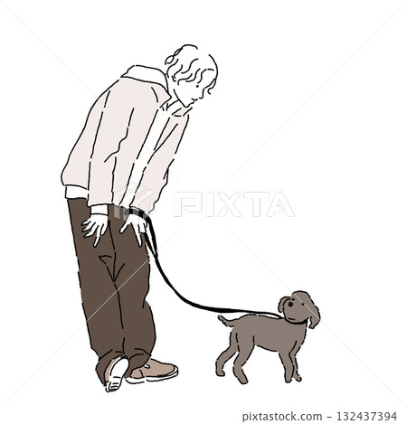 Autumn casual fashion illustration of a man walking with a dog (color) Autumn casual fashion illustration of a man walking with a dog (color) 132437394