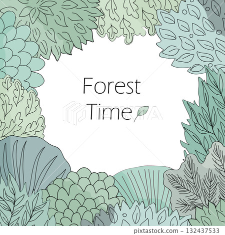 Doodle hand drawn forest frame in linear style. Floral border with place for text. Vector illustration. 132437533