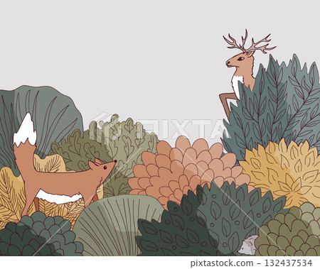 Doodle Autumn hand drawn forest border in linear style. Fairy Fall floral background with cartoon trees and animals. Vector illustration. Doodle Autumn hand drawn forest border in linear style. Fairy Fall floral background with cartoon trees and animals. Vector illustration. 132437534
