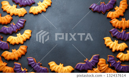 Halloween bat-shaped cookies with orange and purple icing, framing a dark textured background Halloween bat-shaped cookies with orange and purple icing, framing a dark textured background 132437614
