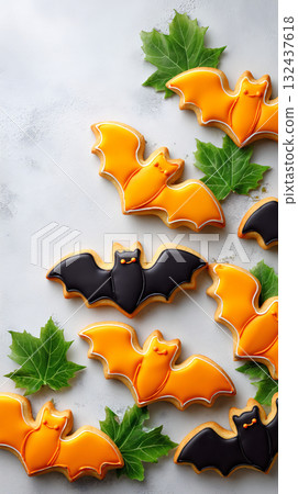 Halloween-themed bat cookies adorned with vibrant orange and classic black icing, interspersed with green autumn leaves on a white background Halloween-themed bat cookies adorned with vibrant orange and classic black icing, interspersed with green autumn leaves on a white background 132437618