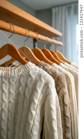 Various neutral-toned wool sweaters hang neatly on a wooden clothes rack, showcasing detailed cable knit patterns and warm textures Various neutral-toned wool sweaters hang neatly on a wooden clothes rack, showcasing detailed cable knit patterns and warm textures 132437647
