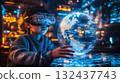 A boy wearing VR glasses interacts with a holographic globe. Generative Ai. 132437743