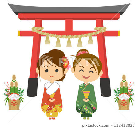 兩位身著振袖和服的女性在新年第一次參拜神社的插圖 132438025