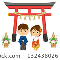 Illustration of a couple in traditional Japanese clothing visiting a shrine for the first time Illustration of a couple in traditional Japanese clothing visiting a shrine for the first time 132438026