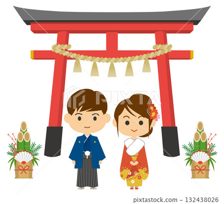 一對身著日本傳統服飾的夫婦第一次參拜神社的插圖 132438026