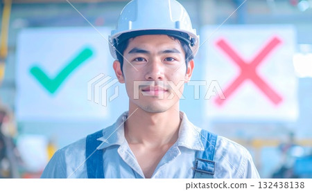 Man wearing a hard hat in a factory Man wearing a hard hat in a factory 132438138
