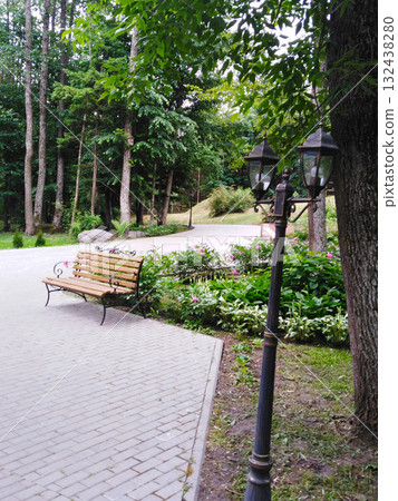 Park path with bench and lamppost. Park path with bench and lamppost. 132438280