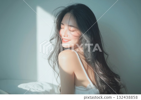 Beautiful woman with long black hair 132438858