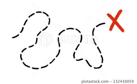 Old pirate treasure map. Dashed line and red X sign on travel paper map. Path to treasure and gold location. Old pirate letter. Vector illustration isolated on white background 132438859