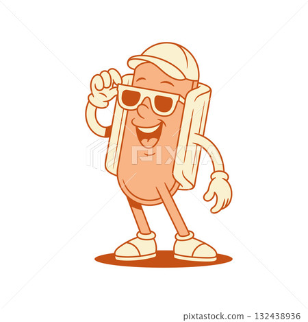 Funky summer hot dog cartoon character smiling contoured vector flat illustration 132438936