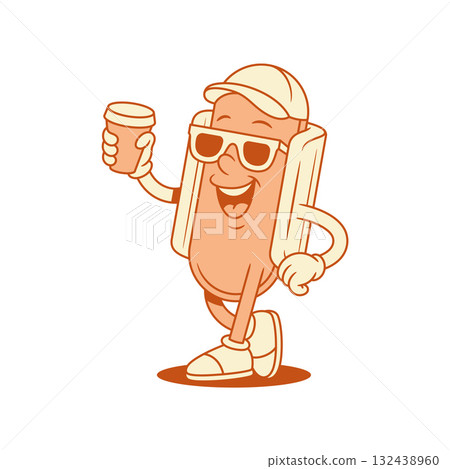 Cool hot dog cartoon character with coffee paper cup contoured vector flat illustration Cool hot dog cartoon character with coffee paper cup contoured vector flat illustration 132438960