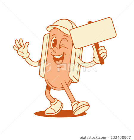 Funny hot dog cartoon character with signboard promo contoured vector flat illustration 132438967