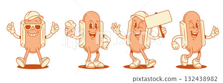 Cheerful funny hot dog cartoon character set contoured vector flat illustration Cheerful funny hot dog cartoon character set contoured vector flat illustration 132438982