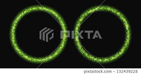 Green halftone frames, glowing circle borders, round pattern with dots, radial disco luxury design element. Green halftone frames, glowing circle borders, round pattern with dots, radial disco luxury design element. 132439228