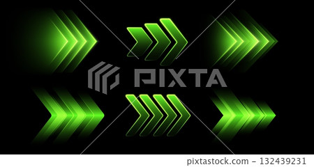 Glowing green arrows, dynamic glowing pointers, fast motion concept. 132439231