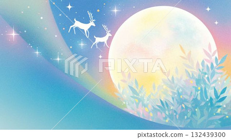 十二月的夜空中閃耀著巨大的月亮和馴鹿 132439300