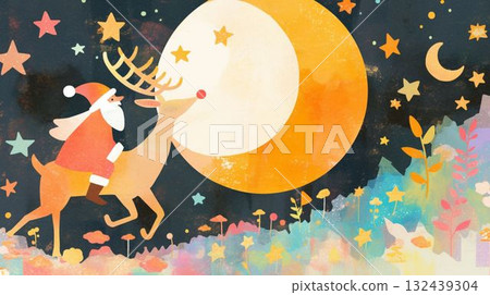 聖誕夜空，馴鹿被星星和雲彩包圍 132439304