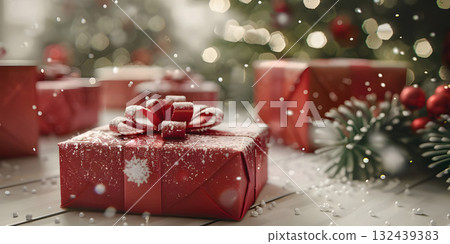 Christmas gifts on white background, Happy Christmas Day - Ai Generated 132439383