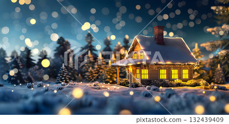 Christmas house at night background, Happy Christmas Day - Ai Generated 132439409