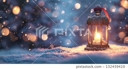 Christmas Lantern On Snow Winter Decoration background, Happy Christmas Day - Ai Generated 132439410