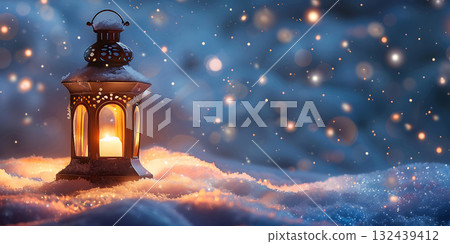 Christmas Lantern On Snow Winter Decoration background, Happy Christmas Day - Ai Generated Christmas Lantern On Snow Winter Decoration background, Happy Christmas Day - Ai Generated 132439412