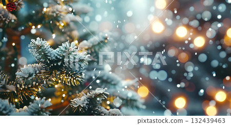 Christmas tree outdoor with snow, lights bokeh around, and snow falling background, Happy Christmas Day - Ai Generated 132439463