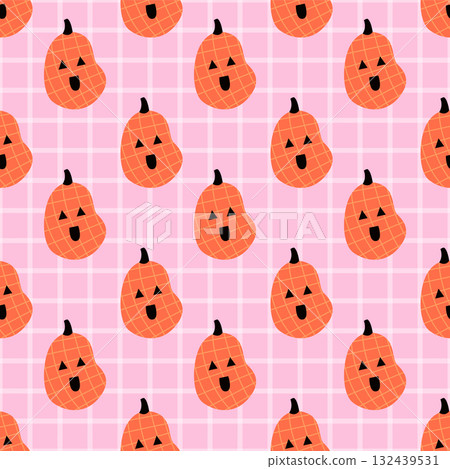 cute orange pumpkin seamless pattern, kawaii halloween background, pink plaid autumn design 132439531