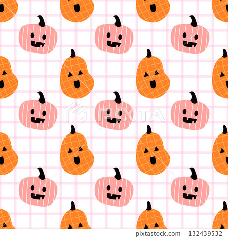cute pastel pumpkin seamless pattern, kawaii halloween background, pink and orange autumn design 132439532