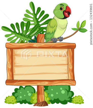 Green Parrot Perched on Wooden Sign with Tropical Leaves 132439601
